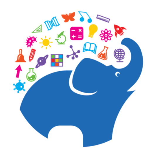 Dreaming Elephants Tutoring logo with a blue elephant and colorful academic icons representing math, science, reading, and creative learning.