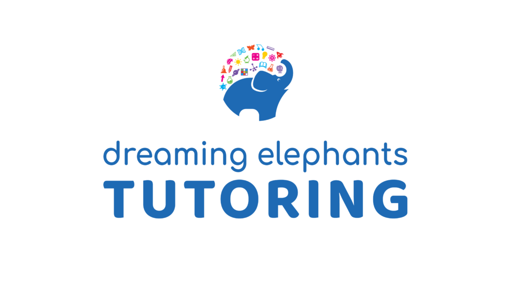 Dreaming Elephants Tutoring logo with a blue elephant and colorful academic icons representing math, science, reading, and creative learning.